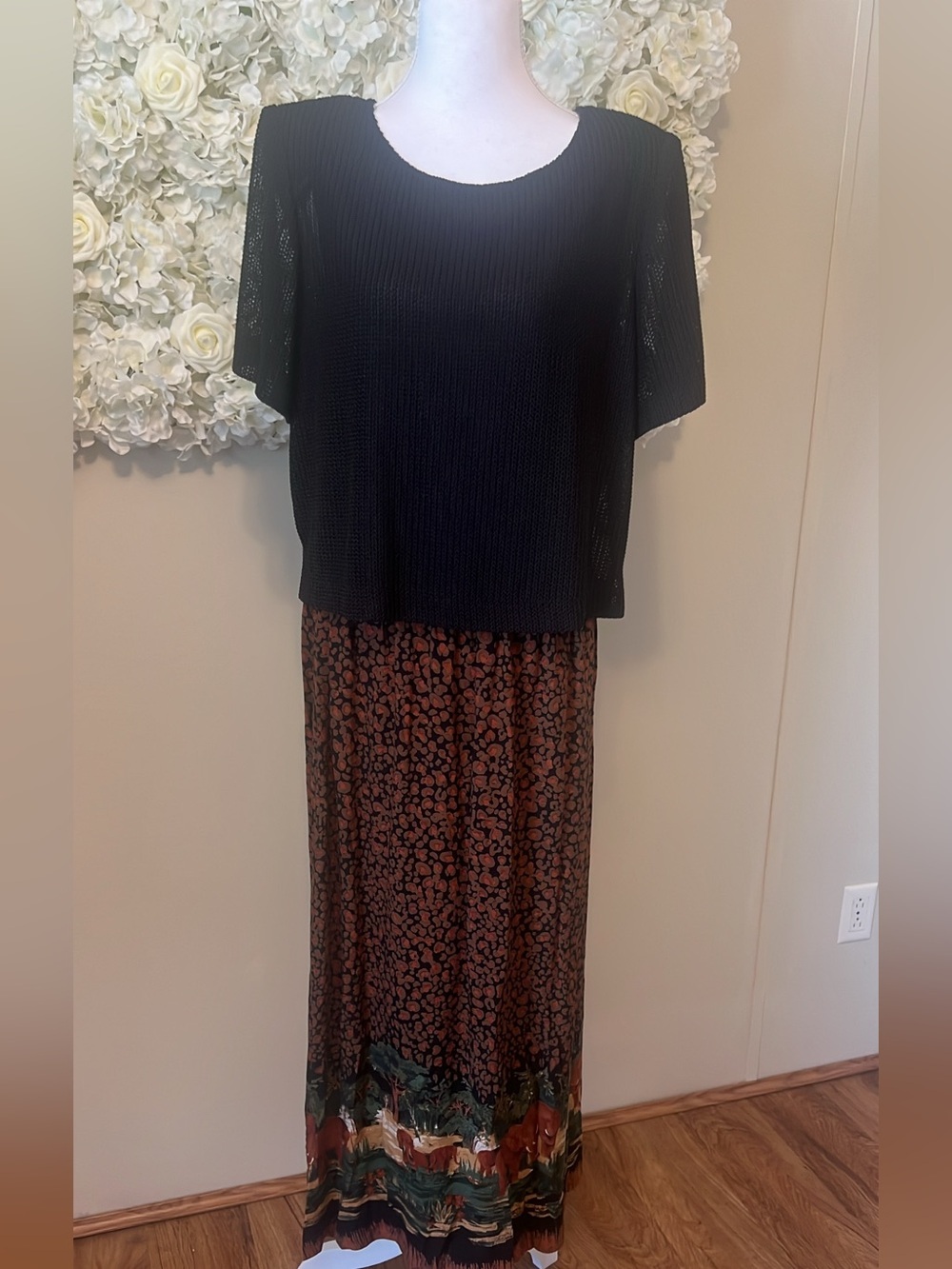 Black & Rust Floral Elephant leopard safari Print Border Maxi Dress